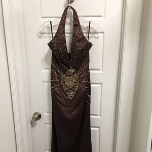 Chocolate Satin Beaded Halter Ball Gown Size 8/10